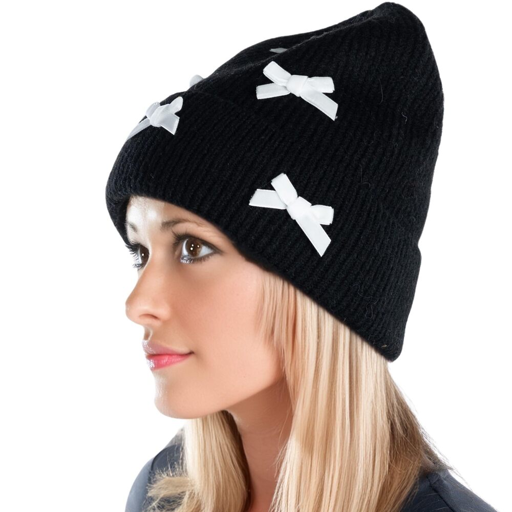 9052 Winter Beanie with Bow Warm Chenille Wool Stretchy Knit Hat for Skiing